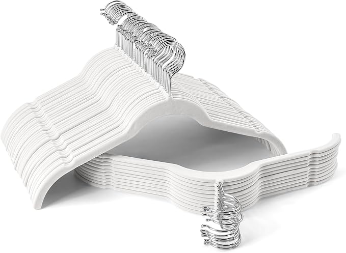 Premium Velvet Shirt Hangers 50 Pack, Non-Slip 360° Swivel Hook Slim Felt Hanger, Space Saving Flocked Hangers for Tank Tops, Blouses, Strappy Dresses(White)