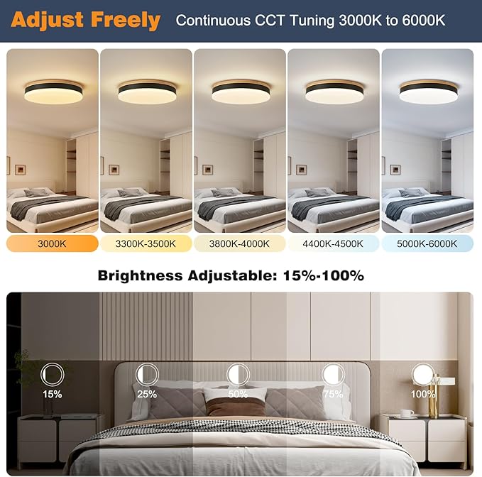 Modern Wood Led Ceiling Lights with Remote, Dimmable 11.8in Black Flush Mount Ceiling Light, 24W 3000K-6000K Light Color Adjustable, 2200LM Round Ceiling Lamp for Bedroom, Kitchen, Hallway