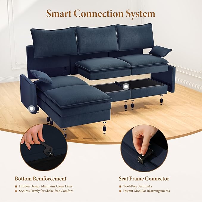 Vesgantti 142" Cloud Couch Sectional Modular Sofa, Comfy Sectional Couch with Ottoman Deep Seat Chenille L Shaped Sofa, Modular Couches for Living Room, Bedroom and Apartment, Blue