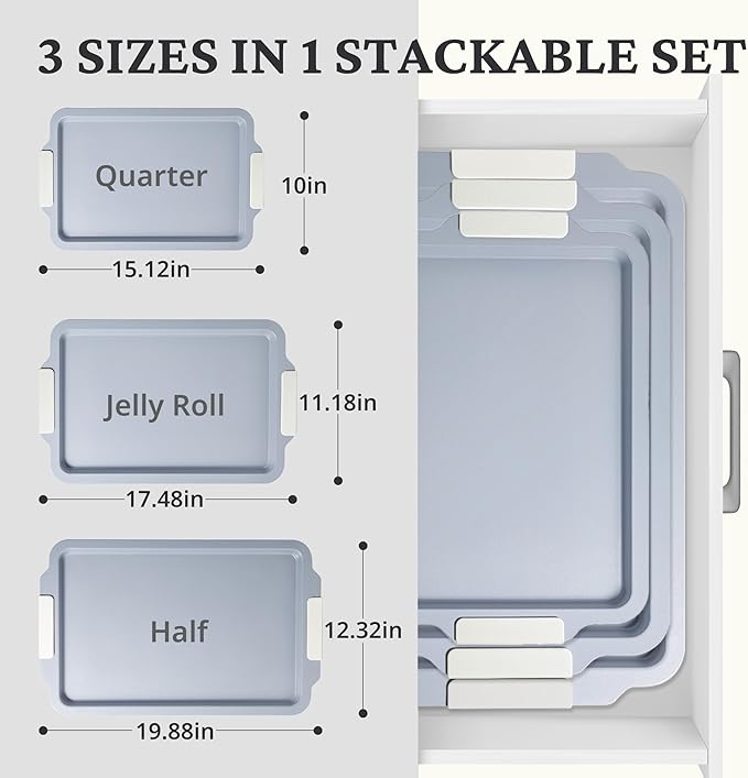 BRONYPRO Non Stick Ceramic Baking Sheet Pan Set of 3, Natural Non Toxic Cookie Sheets for Baking - PFOA, PTFE Free, Heavy Duty Aluminized Steel Oven Trays for Cooking with Silicone Handles, Cream