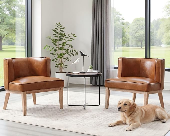 Barrel Chairs Set of 2 Mid Century Modern Accent Chairs with Solid Wood Leg Upholstered Reading Arm Chair Faux Leather Waiting Room Round Side Chairs for Small Spaces Living Room Bedroom Office, Brown