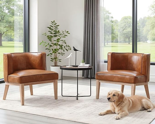 Barrel Chairs Set of 2 Mid Century Modern Accent Chairs with Solid Wood Leg Upholstered Reading Arm Chair Faux Leather Waiting Room Round Side Chairs for Small Spaces Living Room Bedroom Office, Brown