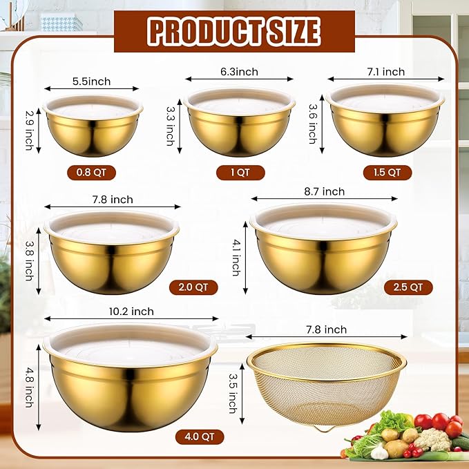 7 Pack Gold Mixing Bowls with Airtight Lids Stainless Steel Mixing Bowl, Metal Nesting Organizers and Stainless Steel Colander Set for Baking Serving Food (0.8,1,1.5,2.0,2.5,4.0 Qt)