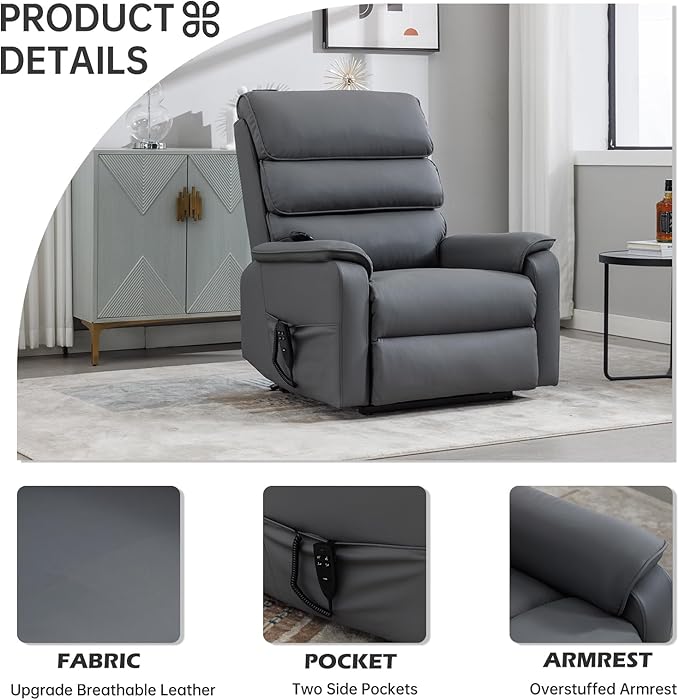 Lay Flat Lift Chair with Heat and Massage, Dual Motor Recliner Chair, Infinite Position, Up to 350 LBS, Grey, Cat Scratch-Resistant Leather