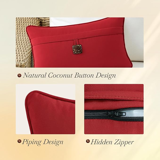 Outdoor Sunbrella Decorative Pillows with Coconut Button Pack of 4, 20" x 12" Outdoor Pillow Set for Couch Bed Throw Patio Sofa, Canvas Jockey Red