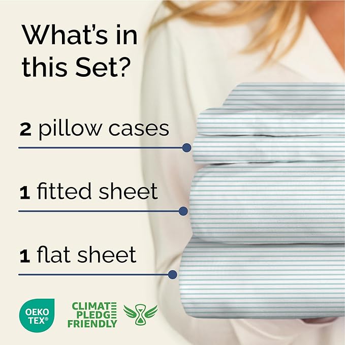 Striped Sheets - Blue & White Striped Sheets - 1 Flat & 1 Fitted & 2 Pillowcases w/ Deep Pockets – Wrinkle & Fade Free - Soft, Breathable and Cooling - Luxury Pinstripe Bedding - King Size Bed Set