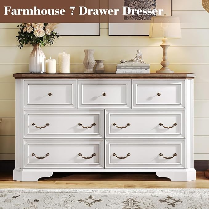 Farmhouse 54" 7 Drawers Dresser, Wood Rustic Chest of Drawers Dresser with Corner Bevel Shape, Closet Storage Dressers for Bedroom, Living Room, Hallway, Antique White