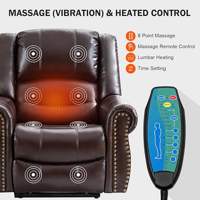 CDCASA Dual Motor Lay Flat Lift Chairs Recliners for Elderly with Massage and Heat, Breathable Leather Infinite Position Large Sleeping Electric Power Lift Chair Recliner for Seniors, Brown