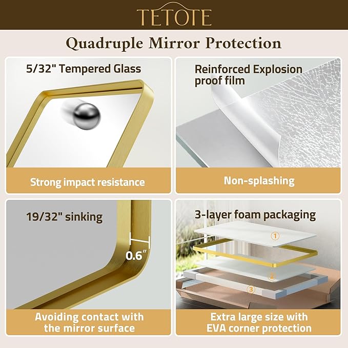 TETOTE Gold Mirrors for Wall 30 x 36 Inch Brushed Gold Bathroom Mirrors, Tempered Glass, Modern Farmhouse Wall Mounted Mirror for Decorative(Horizontal/Vertical)