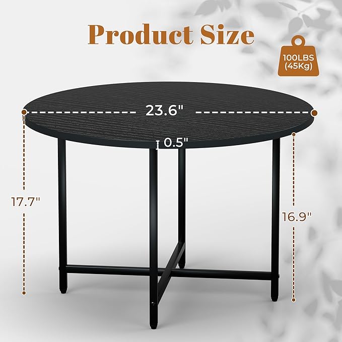 Round Coffee Table, Small Coffee Tables for Living Room, Wood Coffee Table with Metal Frame, Floor Table Desk for Sitting on The Floor, Home, Office, Farmhouse, Black (23.6" D x 17.7" H)