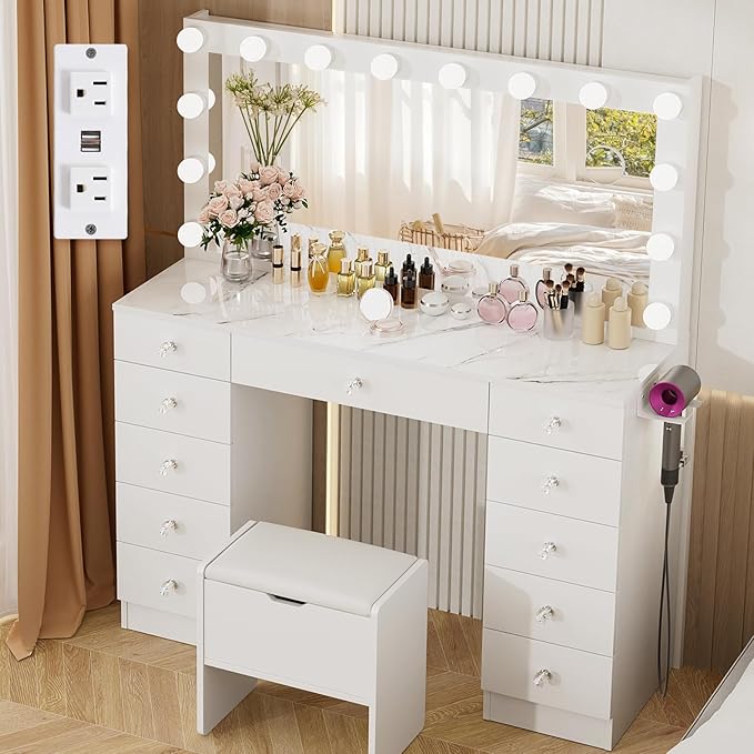 VOWNER Vanity with Lighted Mirror - Makeup Vanity Desk with 11 Drawers and Outlet, 3 Color Lighting Modes Adjustable Brightness, 46" Vanity Table with Soft Cushioned Stool for Bedroom, Marble