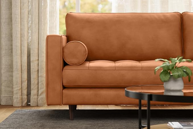 Valencia Isabella 88" Wide Sofa with 2 Bolsters | Italian Nappa 11000 Full Grain Leather, Mid-Century Tufted Couch for Living Room, Kiln-Dried Wood Frame, Down Feather Filling, Cognac