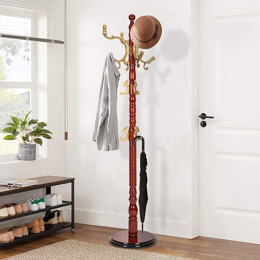 Wooden Coat Rack Freestanding, Vintage Coat Racks with Sturdy Round Base, Adjustable Height 37.40"-72.83" Entrance Coat Rack for Bedroom Living Room Entryway (Solid wood Begonia)