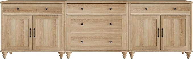 WAMPAT Farmhouse TV Stand for 100 Inch TV, 3-in-1 TV Console Table with 5 Drawers and 4 Doors, Entertainment Center for 75/80/85/90 Inch TV, Kitchen Sideboard Buffet Cabinet for Dining Room, Oak