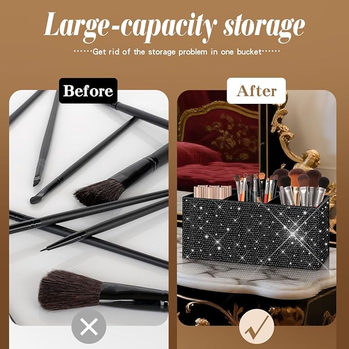 Bling Makeup Brush Holder Organizer, 3 Slot Sparkle Cosmetics Brushes Storage Holders with Shiny Rhinestones, Glitter Cute Pen and Pencil Holder for Desk, Eyeliners Display Case for Vanity (black)