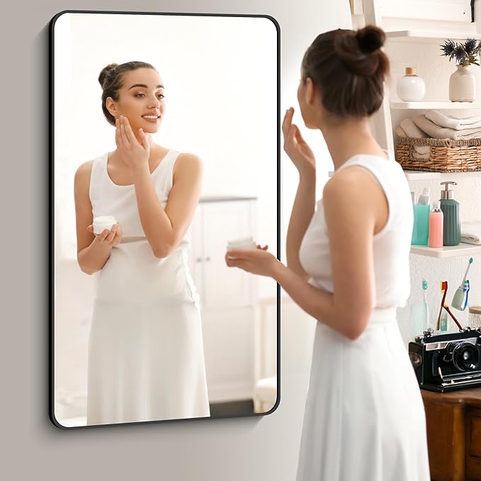 Bathroom Mirror, 48x36 inch Black Rectangle Wall Mirror, Metal Frame Rounded Corner Vanity Mirror, Large Wall Mounted Mirror for Over Sink Bedroom Living Room Horizontal Or Vertical Mounting