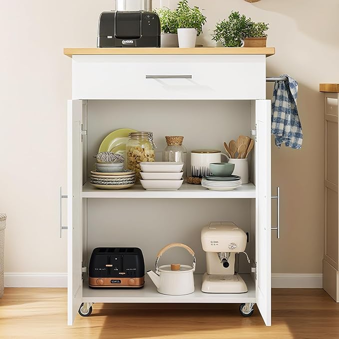 Kitchen Island with Storage - Mobile Rolling Kitchen Island Cart with Wheels, Large Drawer, Adjustable Shelf & Towel Rack, Space-Saving White Kitchen Organizer for Dining Room & Small Spaces