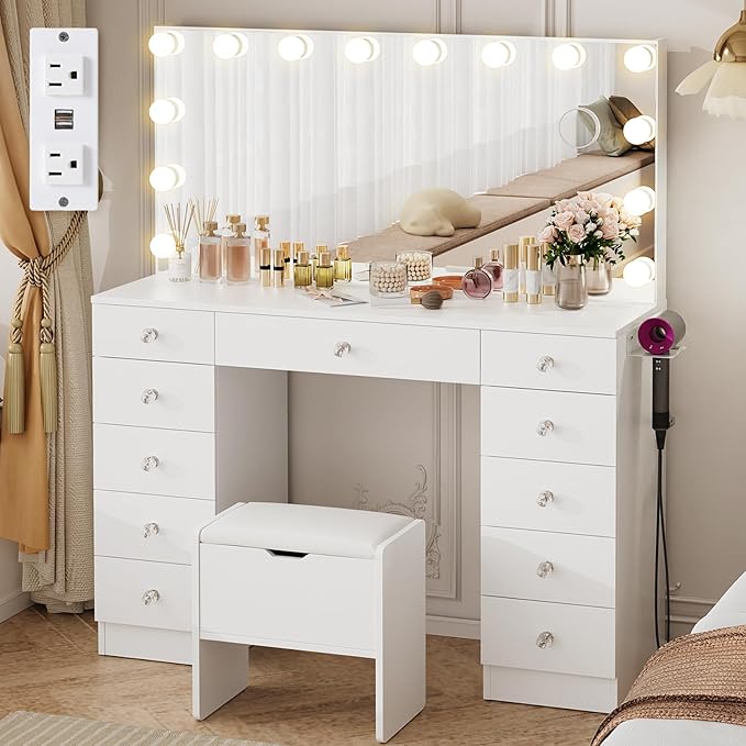 VOWNER Vanity with Lighted Mirror - Makeup Vanity Desk with Lights and 11 Drawers, 3 Color Lighting Modes Adjustable Brightness, 46" Makeup Desk with Soft Cushioned Stool for Bedroom, White