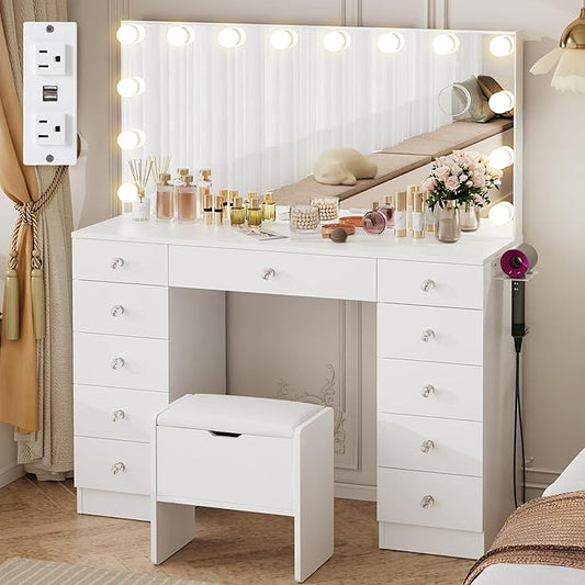 VOWNER Vanity with Lighted Mirror - Makeup Vanity Desk with Lights and 11 Drawers, 3 Color Lighting Modes Adjustable Brightness, 46" Makeup Desk with Soft Cushioned Stool for Bedroom, White