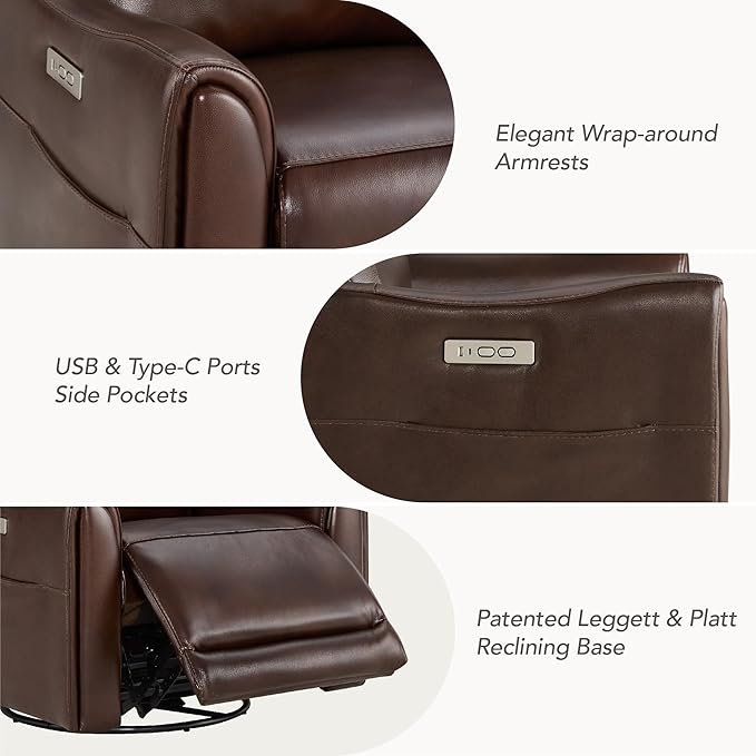 Watson & Whitely Genuine Leather Power Recliner Chairs for Adults, Swivel Glider Recliner Chair for Living Room with Charging Ports, Dark Brown