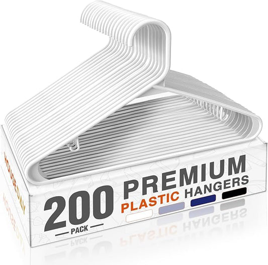 HOUSE DAY 200 Pack Plastic Clothes Hangers, Commercial Bulk Shipment for Business, Sturdy Durable Lightweight Hangers White Ideal for Retail Dry Cleaners Warehouses, Save Cost & Warehouse Space