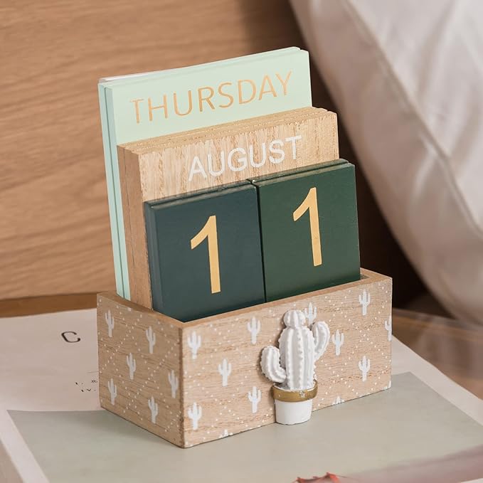 Perpetual Desk Calendar, Wooden Calendar Vintage Office Supplies Block Home Office Aesthetic Boho Desk Accessories Green Cactus Decor Gift