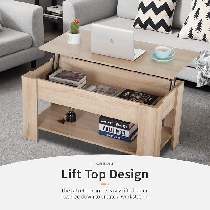 FDW Lift Top Coffee Table with Lift Tabletop Hidden Compartment and Storage Shelf Wooden Living Room Table for Home Reception Room Office,Grey