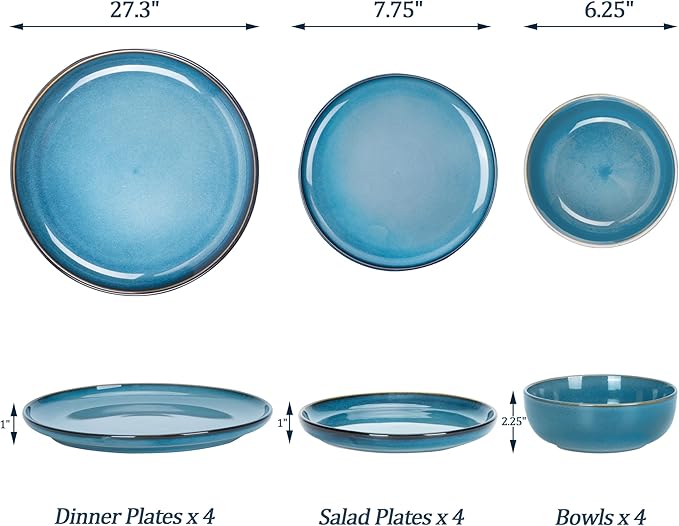Plates and Bowls Sets, Ceramic Dinnerware Sets, 12 Pieces Modern Stoneware Dinnerware Set for 4, Reactive Glaze Dinnerware Set for Home Kitchen, Scratch Resistant, Microwave and Dishwasher