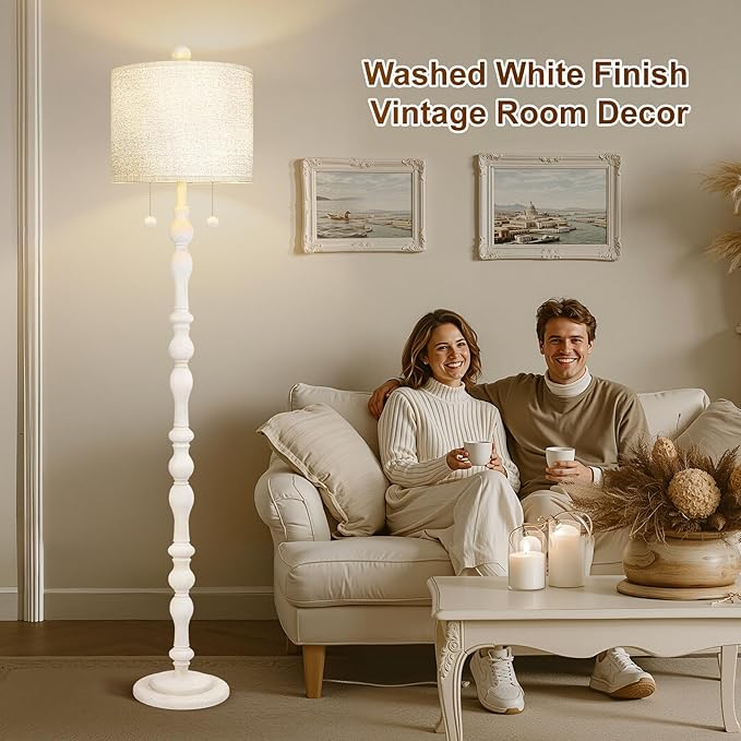 65.5” Natural Real Wood Floor Lamp for Living Room Bedroom, Dual S Cluster Socket, Pull Chains Switch, Farmhouse Tall Standing Lamp with Linen Shade for Home Room Decor (Bulbs Included)