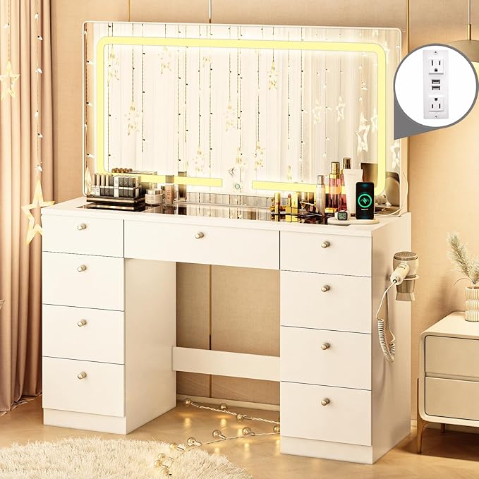 46" Makeup Vanity with Mirror, Glass Top Makeup Vanity Desk with Power Outlet and 9 Drawers, 3 Color Lighting Modes for Bedroom, White