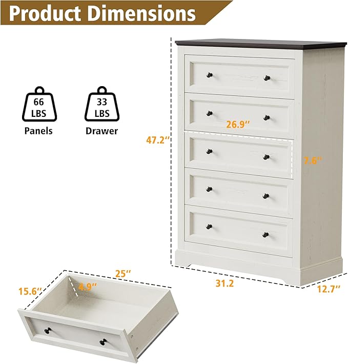 Farmhouse Dresser 5 Drawer, Bedroom Chest of Drawers, Dressers with 5 Drawers, Wooden Dressers for Bedroom, Living Room, Tv Stand, Entryway (Off White-5 Drawers)