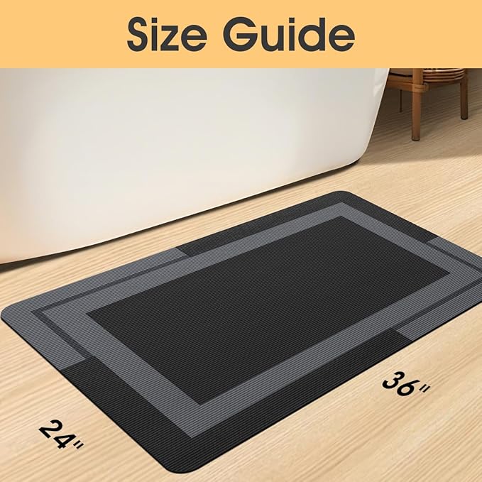 Ultra Thin Bath Mats Fit Under Door, Upgrade Backing Non Slip Bath Mat, Quick Dry Ultra Absorbent Bath Mat, Machine Washable Bathroom Rugs for Bathroom Floor, Bathtub, Kitchen, Black, 36"x24"