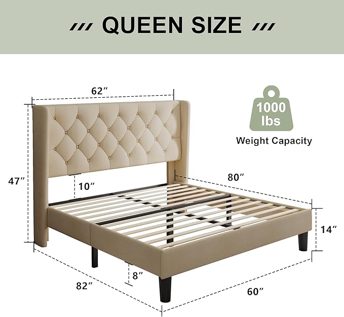 Feonase Queen Bed Frame with Diamond Tufted Wingback Headboard, Morden Upholstered Platform Bedframe, Sturdy Wooden Slats Support, Noise-Free, Easy Assembly, No Box Spring Needed, Beige