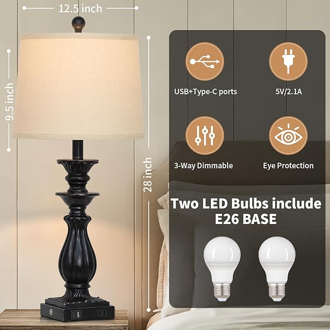 28" Farmhouse Table Lamps Set of 2 for Living Room, 3 Way Dimmable Bedside Lamp with USB C+A Ports & AC Outlet, Resin Vintage Tall Nightstand Lamps for Bedroom Office Hallway, Black