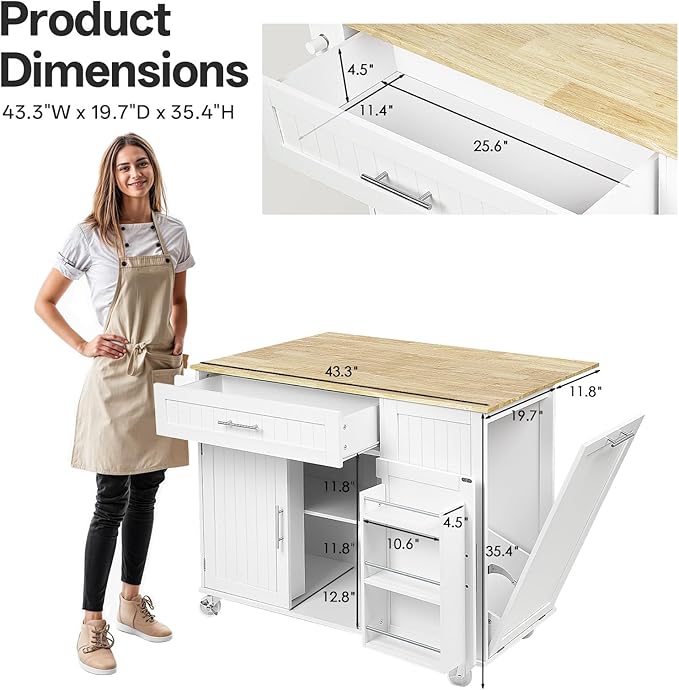 Kitchen Island with Storage & Drop Leaf - 43.3" Mobile Kitchen Cart with Wheels, Rolling Kitchen Island with Trash Bin Cabinet & Towel Rack, Rubberwood Top, White Island for Kitchen