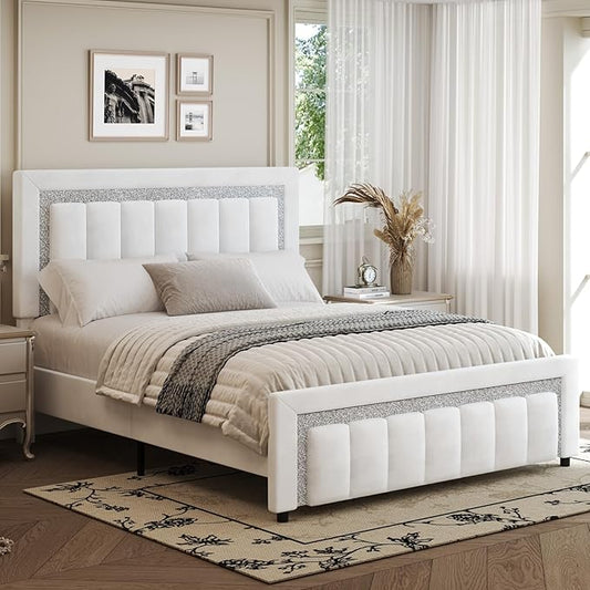 HOMBCK Queen Bed Frame, Upholstered Platform Bed with Headboard and Footboard, Bed Queen Size with Diamond Design and Wooden Slats Support, No Box Spring Needed, Easy Assembly, White