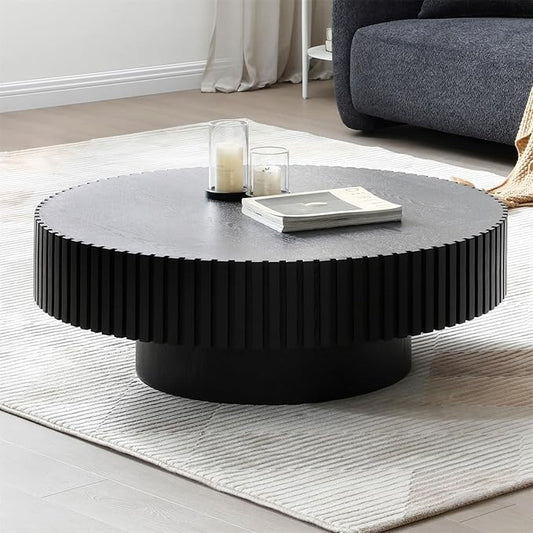 Round Coffee Table for Living Room, Accent Fluted Drum Coffee Table with Storage, Modern Solid Wood Circle Center Tea Table for Small Space Apartment (39.4''D×14''H-Black)