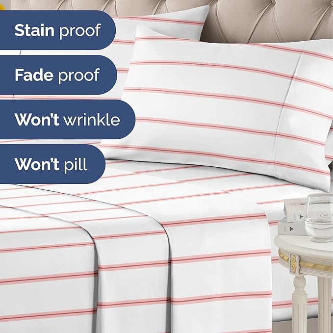 Striped Sheets - Red & White Striped Sheets - 1 Flat & 1 Fitted & 2 Pillowcases w/ Deep Pockets – Comfy, Wrinkle & Fade Free - Soft, Breathable & Cooling – Luxury Pinstripe Bedding - Full Size Bed Set