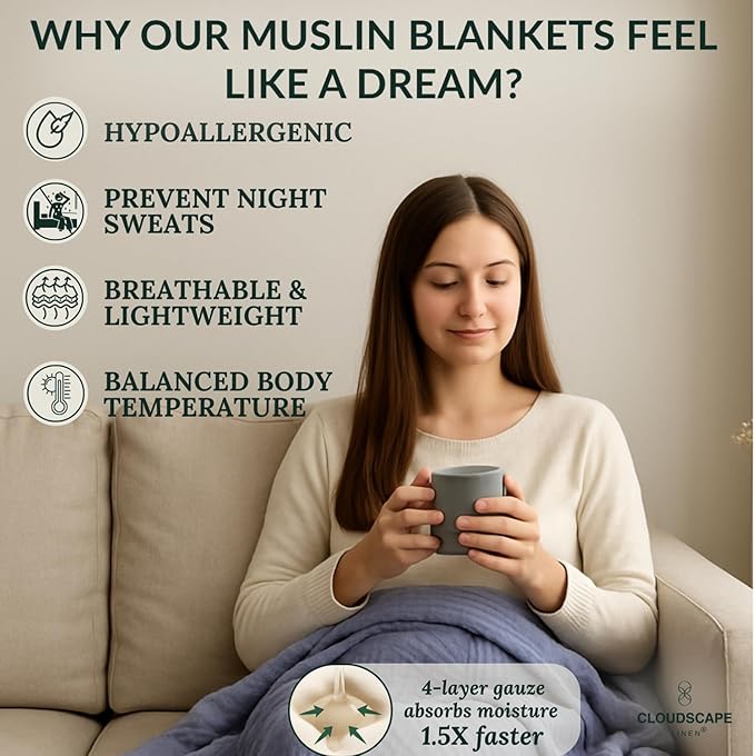 Extra Large 4 Layer Muslin Throw Blanket, 100% Cotton Blanket for Couch, Bed,Sofa, Home Decor,Pre-Washed Gauze, Best Summer Blanket, 50x70, Lavender Blue