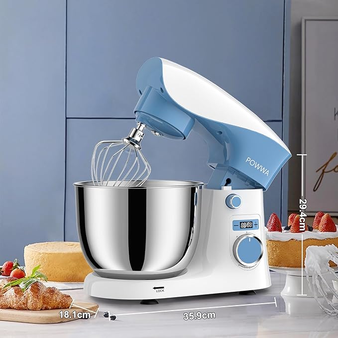 Stand Mixer, POWWA 6.5 QT 10 Speeds Tilt-Head Electric Stand Mixer, 3-In-1 Kitchen Mixer with Bowl, Dough Hook, Whisk and Beater, Food Mixer for Baking and Daily Use (White Blue)
