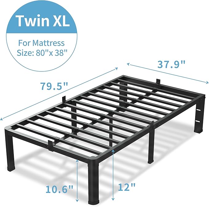 12 Inch Twin XL Bed Frame, 3500Lbs Heavy Duty Metal Platform with Round Corner Legs Mattress Slide Stopper, Steel Slat Support No Box Spring Needed, Noise Free, Non-Slip, Easy Assembly