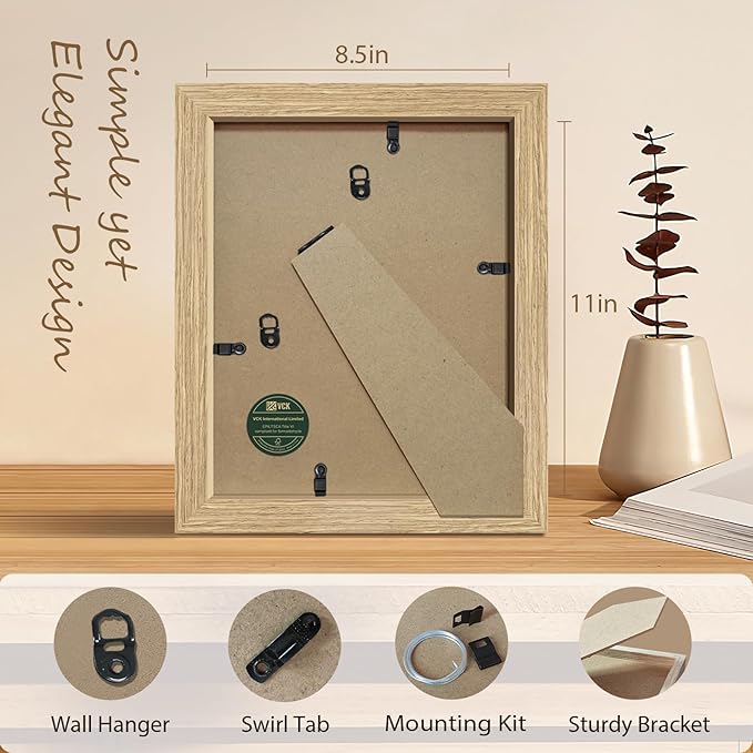 VCK 8.5x11 Beige Oak Picture Frames 3 Pack, High-End Wood Wide Border Poster Frame,Tabletop & Wall Hanging, Multi-Directional Display Family Photos, Office Prints, Studio/Gallery/Home Artwork