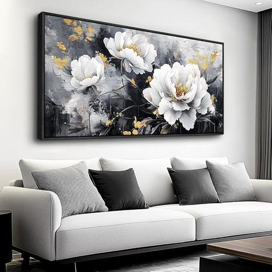 PHAOHUAXM Large Framed Print Canvas Wall Art For Living Room Wall Decor For Bedroom Abstract Wall Painting Ink-Wash White Flowers With Black Frames Dining Room Decor Modern Room Home Decor 20"X40"