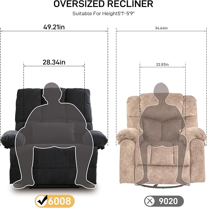 Oversized Recliner Chair Extra Wide Large Recliner for Adults 350lbs with Lumbar Support Pillow Nursery Chair Living Room (Manual, GREY-6008)