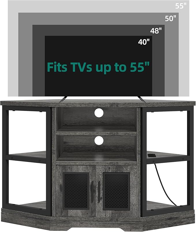 YITAHOME Farmhouse TV Stand with Power Outlet, Corner TV Stand for 55/50 Inch TV, Entertainment Center with Storage, TV Console Cabinet for Living Room, Grey Oak