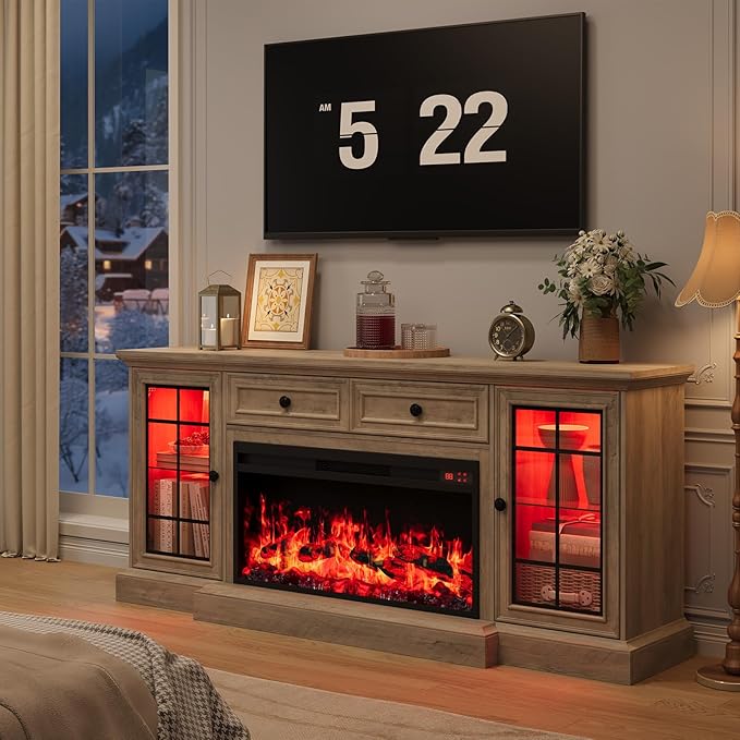 Fireplace TV Stand Up to 80" TVs, 70'' Modern Entertainment Center with 36" Electric Fireplace & LED Lights, Farmhouse Media Console with Storage Cabinet & Drawer for Living Room, Gray