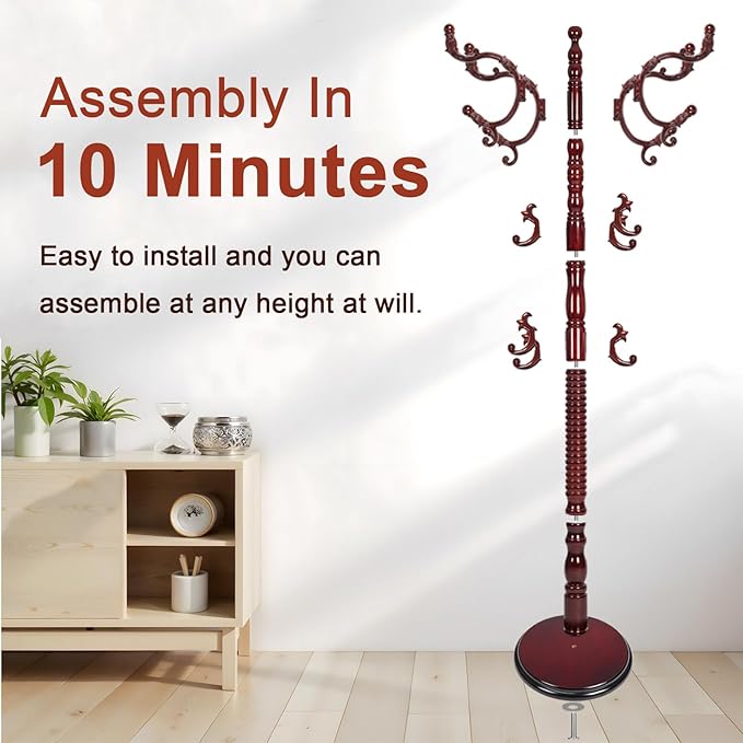 Coat Racks Freestanding, Natural Wood Coat Stands with 14 Hooks, 73" Heavy Duty Adjustable Height Vintage Hall Tree for Entryway, Bedroom, Office, Easy Assembly (Triangular Rosewood)