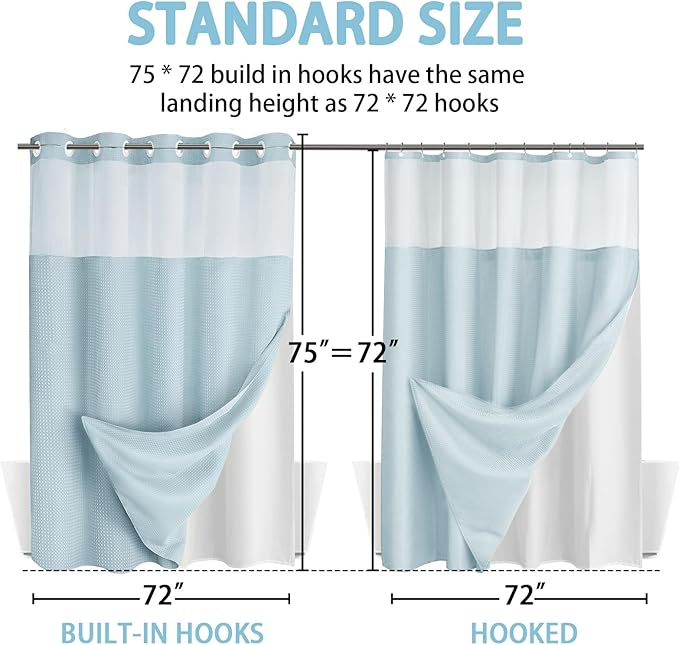 YellyHommy No Hook Shower Curtain with Snap in Liner Set Less Time Aqua Blue Waffle Shower Curtain for Bathroom 75" L x 72" W