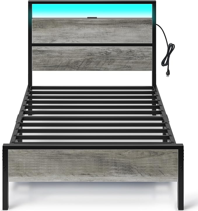 Rolanstar Twin Bed Frames with Headboard, Twin Bed with LED Lights, Camas Twin Size Bed with Charging Station, Solid Metal Slats, Noise Free, No Box Spring Needed, Grey