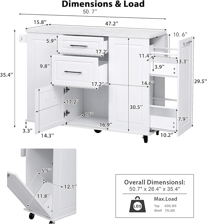 50.7" Mobile Kitchen Island with Storage Tilt Trash Can Cabinet and Pull Out Cabinet Organizer, Movable Rolling Island on 5 Wheels with Drop Leaf, 2 Drawers, 1Door for Kitchen, Dining Room (White)